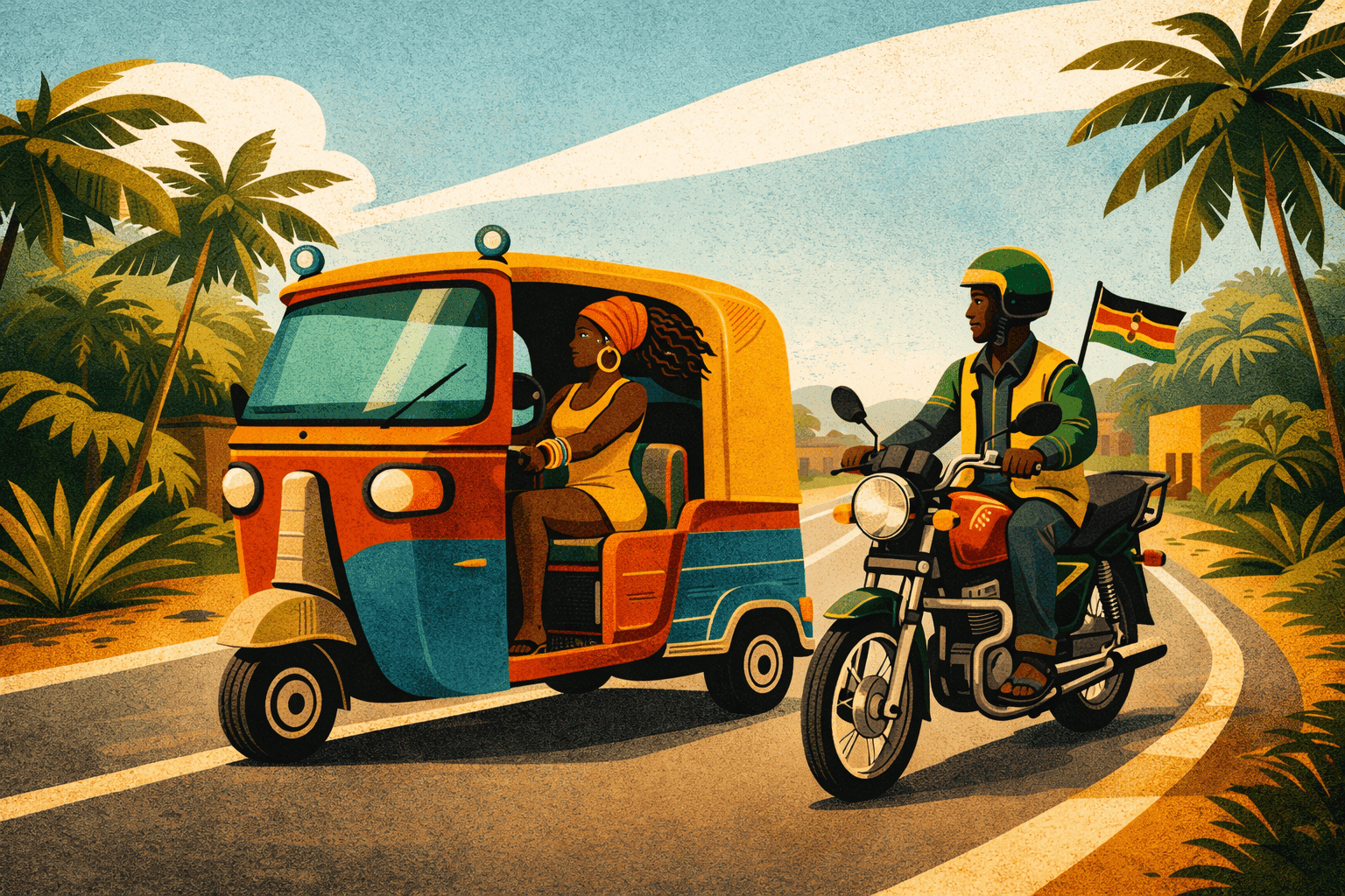 Illustration of a tuk-tuk and a boda boda on a Kenyan coastal road