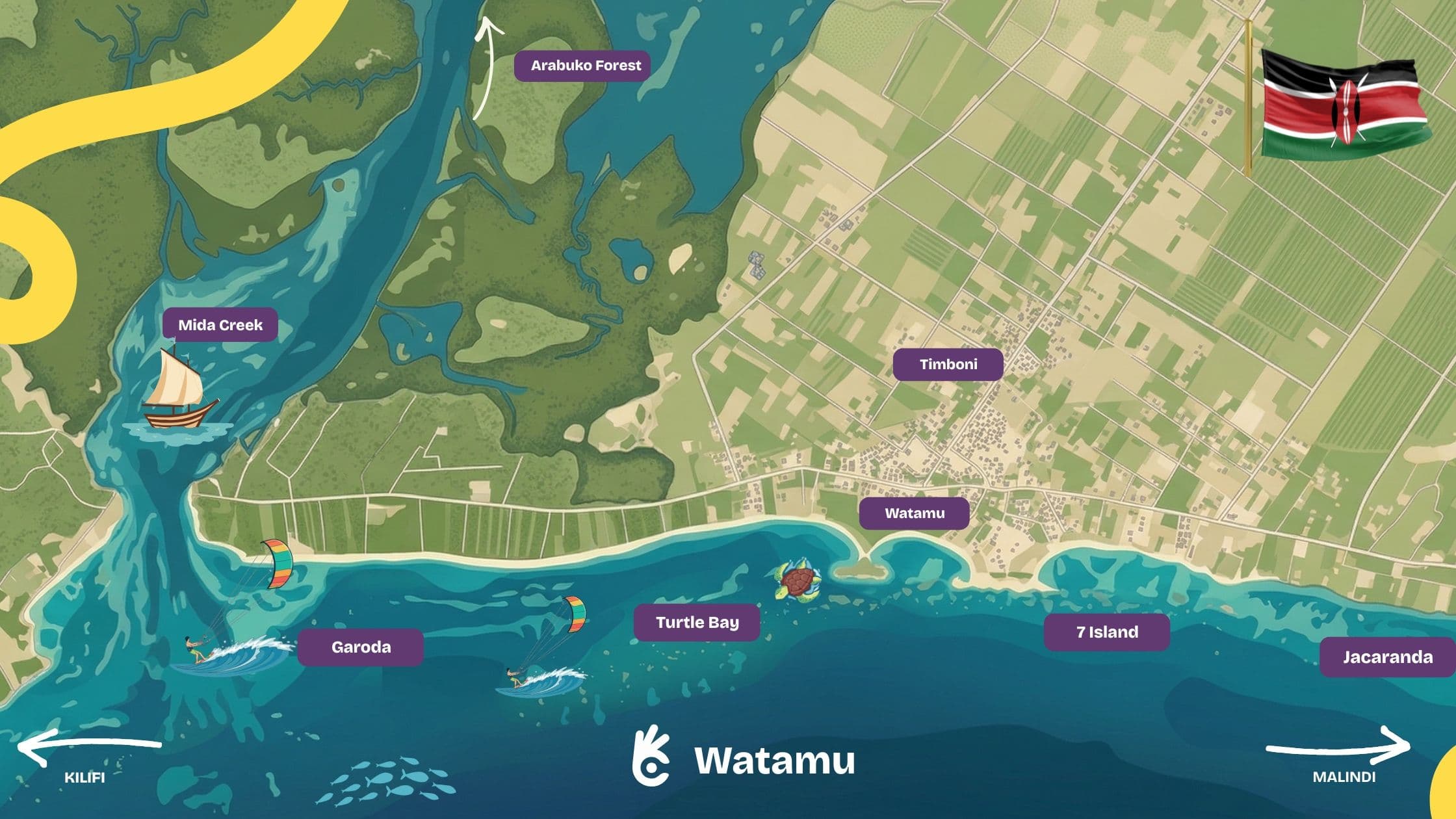 Aerial map view of Watamu coast showing the different bays, key areas and island formations